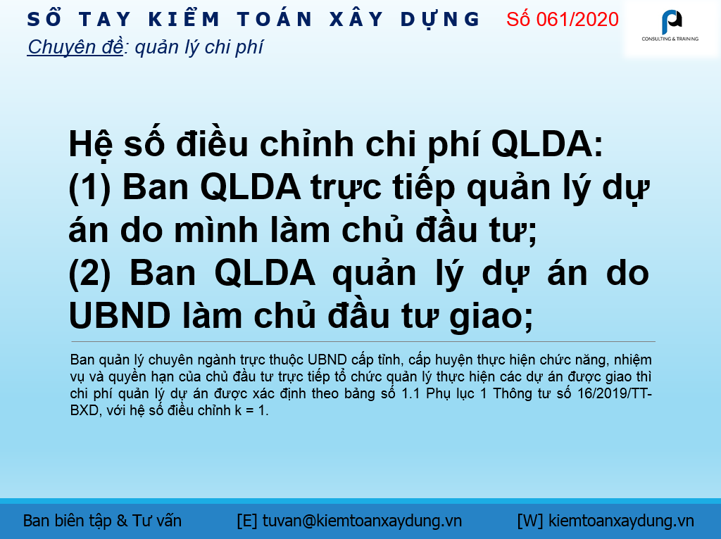 hệ số điều chỉnh chi phí quản lý dự án